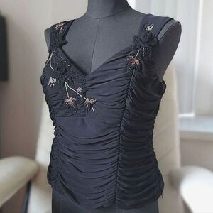 Vtg Y2K Precis Petite black ruched mesh overlay camisole